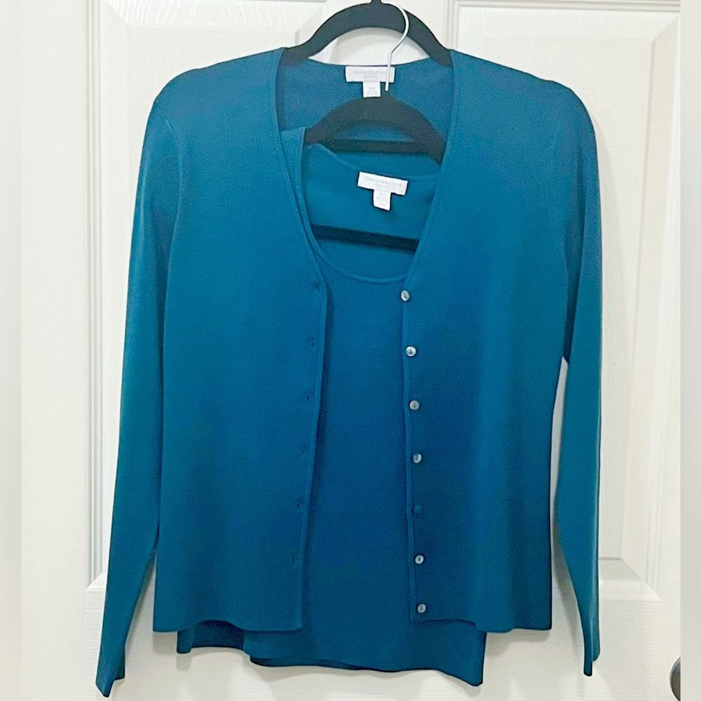 Charter Club Sweater Set Womens Blue Cardigan Sleeveless Shell